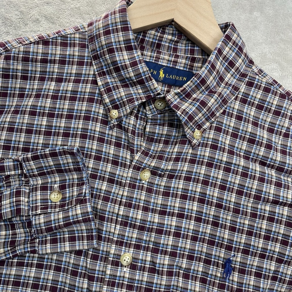 Ralph Lauren Shirt Plaid‎ Button Down Men's M Tan Burgundy Blue